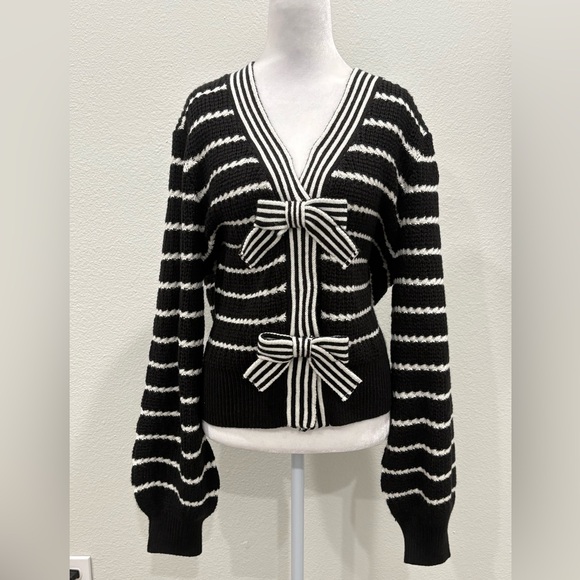 Cato Black and White Striped Cardigan with Bow Details Size XL - Picture 1 of 8